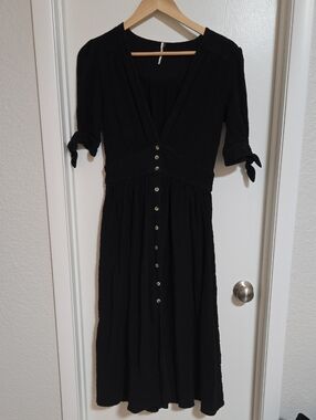 Free People Love Of My Life Small Black Button-Front Midi Dress with Tie Sleeves
